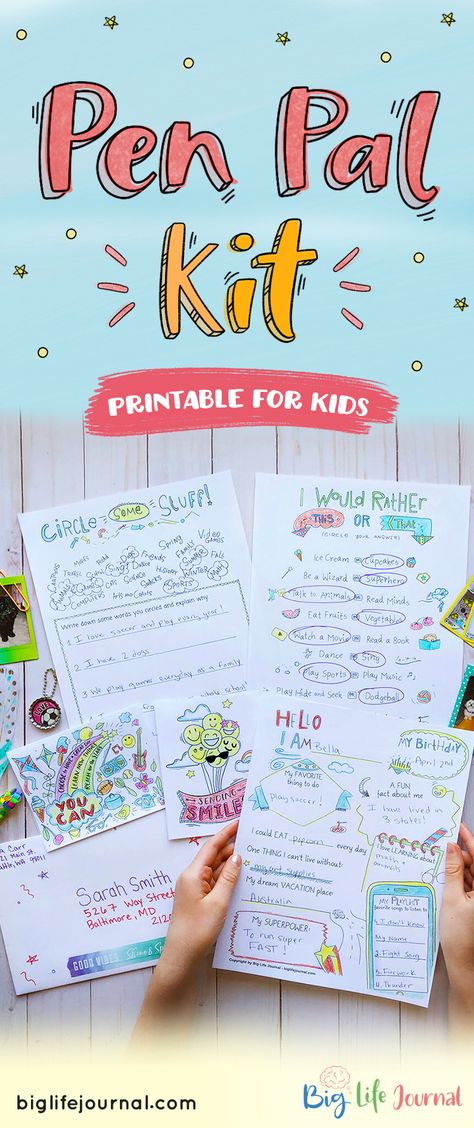 Finding and cultivating a pen pal friendship for your child can be a wonderful experience!  Looking for ideas? The Pen Pal Printable Pack includes ideas on what to write about as well as fun cards to fill out, color and mail to your new pen pal. :) Pen Pal Package, Pen Pals Elementary School, Cousin Pen Pal Ideas, Pen Pal Ideas, Artistic Letters, Art Of Letter Writing, Big Life Journal, Pen Pal Kit, Mail Tag