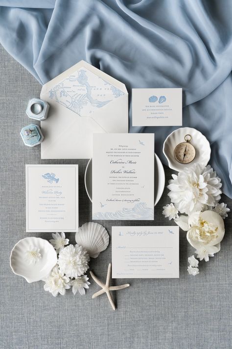 Coastal Wedding Theme, Coastal Wedding Invitations, Beach Wedding Inspo, Blue Beach Wedding, Beach Wedding White, Printing Studio, Nautical Wedding Invitations, Ceremony Invitation, Beachy Wedding