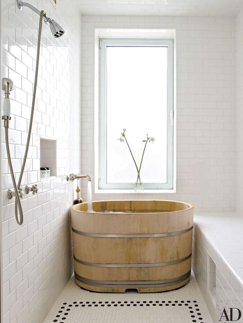 Unusually Beautiful Bathtubs We Long To Sink Into | Apartment Therapy Japanese Soaking Tub Shower Combo, Small Soaking Tub, Soaking Tub Shower Combo, Japanese Bathtub, Japanese Bathroom, Wooden Bathtub, Bathroom Design Small Modern, Beautiful Bathtubs, Soaking Tubs