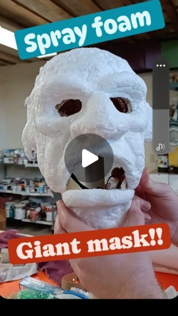 Diy Halloween Masks For Adults, Foam Mask Diy, Monster Mask Diy, Jack And The Beanstalk Giant, Paper Mache Mask Diy, Paper Mache Mask Ideas, Spray Foam Crafts, Spray Foam Art, Cosmo Sheldrake