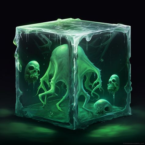 A gelatinous cube from Dungeons and Dragons. Gelatinous Cube Art, Frozen Slime, Npc Art, Gelatinous Cube, 3d Ideas, Dnd Monsters, Background Ideas, Epic Art, Creature Design