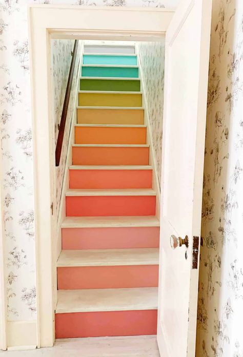 Rainbow Stairs DIY Painting Wooden Stairs, Cool Stairs, Rainbow Stairs, Stairs Diy, Rainbow House, Behr Paint Colors, Muted Rainbow, Modern Farmhouse Home, Refinishing Floors