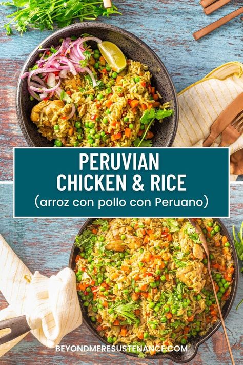 Arroz con Pollo Peruvian Style brings a little Peruvian soul to your table. This flavor-packed one pot meal features ají amarillo (Peruvian yellow chile), and gets its signature green tint from an entire bunch of cilantro. It's a fantastic one pot meal! #arrozconpollo #chickenandrice #Peruvianchickenrecipe #healthychickenrecipe #glutenfreemains #onepotmeals #quickdinners #weeknightcooking Peruvian Chicken And Rice Recipe, Peruvian Chicken And Rice, Con Pollo Chicken, Peruvian Chicken Recipe, Quinoa Recipes Easy, Peruvian Chicken, Peruvian Style, Chicken And Rice Recipe, Peruvian Dishes