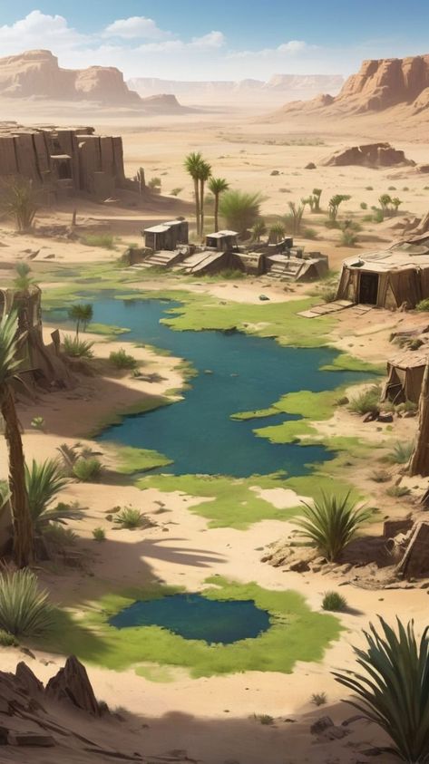 Desert Wasteland Concept Art, Desert Civilization, Oasis Concept Art, Fantasy Desert, Dnd Dm, Apocalypse Illustration, Cracked Earth, Environment References, Hidden Oasis