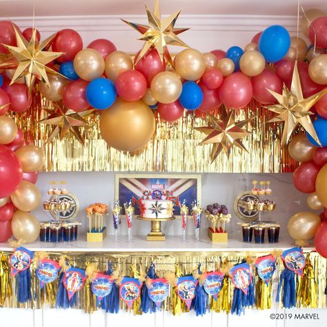 Captain Marvel Party Ideas | Party City Marvel Party Ideas, Birthday Party Themes For Boys, Avengers Birthday Party Decorations, Superhero Party Decorations, 100 Birthday, Marvel Birthday Party, Wonder Woman Party, Superhero Decorations, Marvel Party