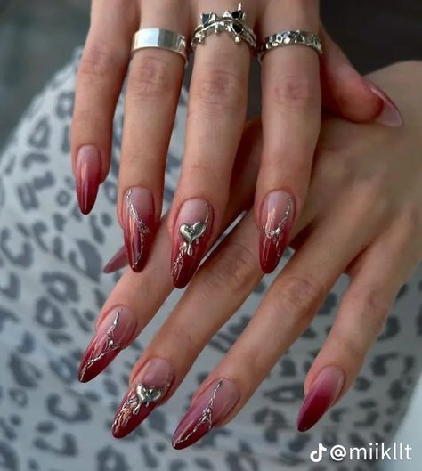 Red Silver Nails, Luxury Nail Designs, Red Acrylics, Red And Silver Nails, Gem Nail Designs, Sharp Nails, Cherry Nails, Korean Nails, Grunge Nails