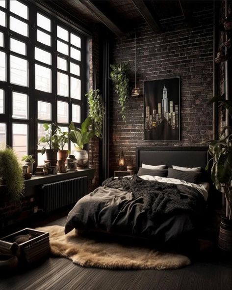 Dark Boho Bedroom, Industrial Style Bedroom, Dark Bedroom, Casa Country, Dark Home Decor, Dark Home, Black Bedroom, Romantic Bedroom, Design Living Room