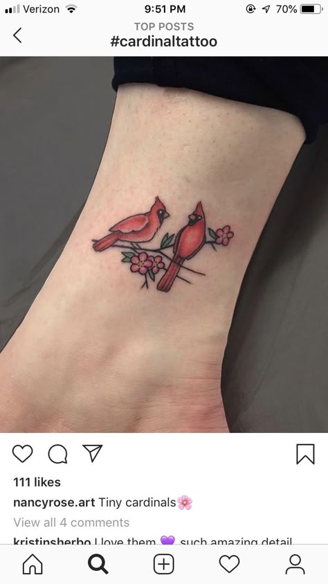 Red Cardinal Tattoos, Small Cardinal Tattoo, Tattoo On Ankle, Red Bird Tattoos, Cardinal Tattoo, Cardinal Tattoos, Remembrance Tattoos, Tasteful Tattoos, Daughter Tattoos