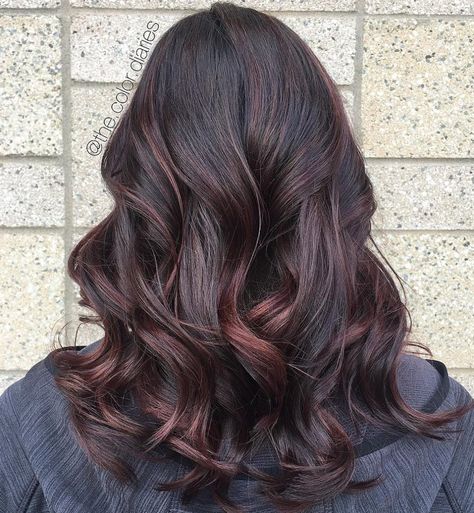 Barely There Burgundy Tint for Brunettes Shades Of Burgundy Hair, Dark Burgundy Hair, Burgundy Balayage, Burgundy Hair Color, Red Balayage Hair, Burgundy Highlights, Maroon Hair, Dark Purple Hair, Wine Hair