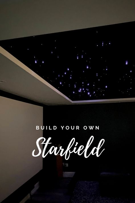 Starlight Bedroom Ideas, Led Lights Game Room Ceiling, Game Room Lighting Ideas Ceiling, Home Theater With Fireplace, New Home Technology, Galaxy Ceiling Lights, Theater Room Ceiling Ideas, Tray Ceiling Design Ideas, Small Media Room Ideas On A Budget