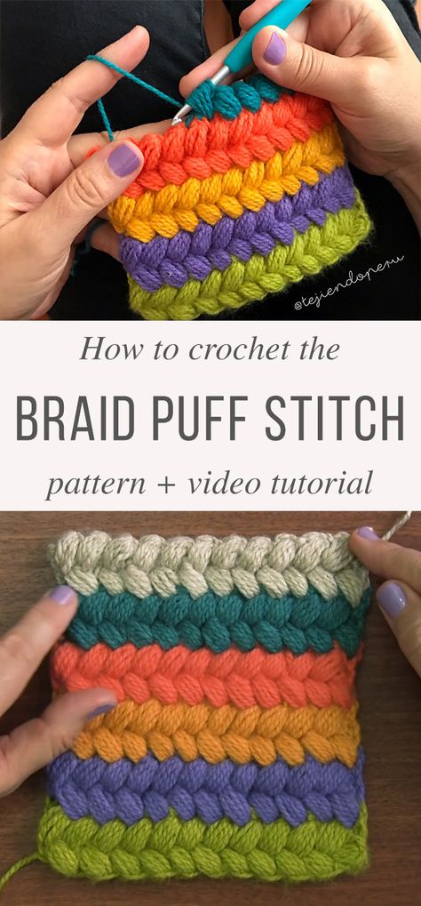 Braid Puff Stitch Free Crochet Pattern Video Tutorial in spanish. Braided Puff Stitch Crochet, Puff Stitch Crochet Pattern, Puff Stitch Crochet, Textured Crochet, Stitches Crochet, Crochet Shell Stitch, Crochet Stitches Free, Basic Crochet, Haken Baby