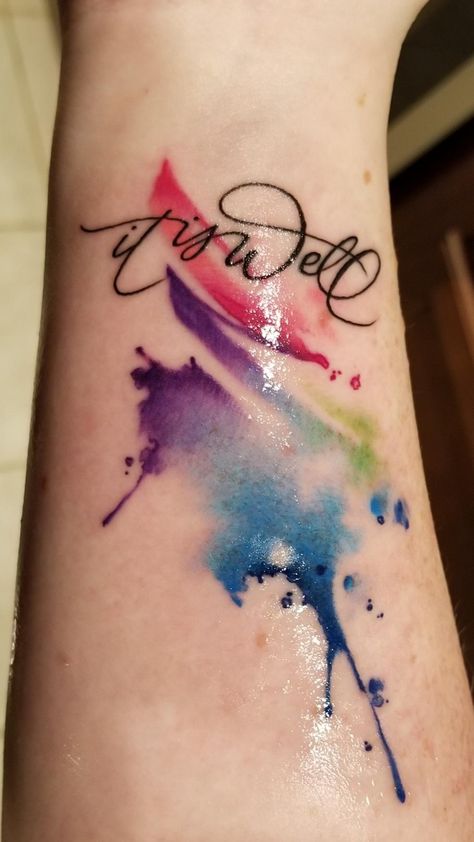 Got my first tattoo today! So excited! Thanks to Michael Ruffo @idlehandstattoostudiosa Splash Color Tattoo, Marry Tattoo, Color Splash Tattoo, Watercolor Splash Tattoo, Brush Tattoo Design, Splash Tattoo, Splatter Tattoo, Wolf Tattoo Forearm, Koi Dragon Tattoo