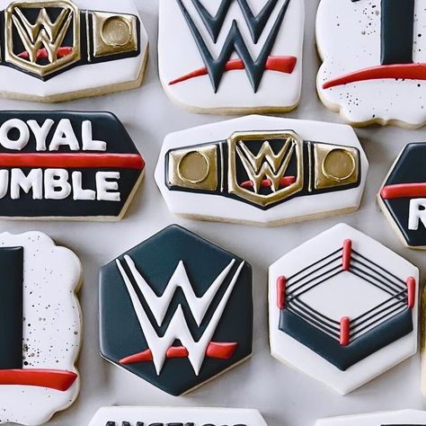 Cookies By Wendy on Instagram: "Angelo’s first rumble. I used to watch wrestling with my dad when I was younger so this set was so fun for me to make :) : : : : : #wrestlingcookies #wrestling #firstbirthday #firstbirthdaycookies #birthdaycookies #cookiesbywendym #decoratedcookies #cookies #cookiesofinstagram #royalicing #sugarcookies #customcookies #cookieart #edibleart #customdecoratedcookies #instacookies #massachusettscookier #gloucestercookies #decoratedsugarcookies #gloucestercookieartist #igcookies #cookiesofig #royalicingcookies #instacookie #bakersofinstagram #cookiedecorator #northshorema #instayum" Wwe Birthday Cookies, Wwe Cookies Decorated, Wrestling Cookies Decorated, Wwe Themed Birthday Party, Wwe Birthday Party Ideas Decoration, Wrestling Party Ideas, Wwe Cookies, Wrestling Cookies, Wrestling Birthday Party Ideas