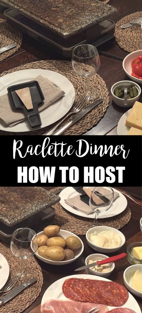 Collage of raclette dinner spread at top and bottom. Raclette Dinner Ideas, Raclette Table Setting, Raclette Potatoes, Raclette Ideas Dinner Parties, Table Raclette, Dinner Recipes Date Night, Raclette Recipes Dinners, Fondue Dinner Party, Raclette Ideas