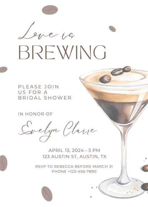 Editable Love is Brewing Bridal Shower Invitation Template Instant Download and Edit Coffee and Espresso Martini Theme Bridal Shower - Etsy Espresso Bachelorette Theme, Espresso Martini Engagement Party, Love Is Brewing Bridal Shower Ideas Espresso Martini, Let Love Brew Bridal Shower Theme, Coffee Bridal Shower Theme Decor, Love Is Brewing Bridal Shower Theme, Espresso Martini Themed Bachelorette, Bridal Shower Themes For February, Bridal Shower Themes Coffee