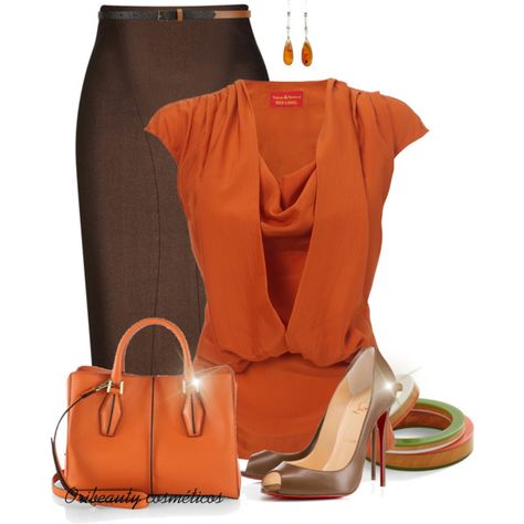 "Orange & Brown" by oribeauty-cosmeticos on Polyvore Brown Skirt, Work Style, Outfit Combinations, Dressy Outfits, Complete Outfits, Orange Brown, Work Attire, Office Work, Work Fashion