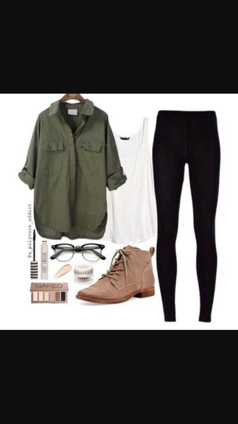 Army green button up shirt with rolled up sleeves styled with b lack leggings, white tank, and little brown ankle boots Green Blouse Outfit, Green Shirt Outfits, Look Legging, Black Skirts, Black Leggings Outfit, Mode Hippie, Army Green Jacket, Legging Outfits, Razzle Dazzle