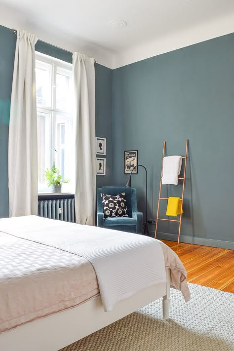 Master Bedroom Makeover Reveal! Walls painted Inchyra Blue by Farrow & Ball | Scott armchair from Made.com Bedroom Colours, Inchyra Blue, Blue Bedroom Ideas, Bedroom Wall Colors, Trendy Bedroom, Spare Bedroom, Bedroom Paint, Blue Bedroom, Master Bedrooms Decor