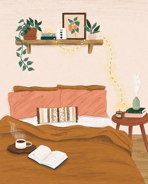 Coffee Bedroom, Taking Things Slow, Drawing Illustrator, Cozy Morning, Being Productive, Inspirational Illustration, Coffee Drawing, Cozy Mornings, Interior Illustration