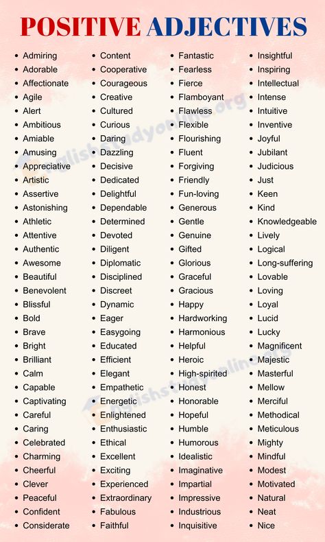 The Ultimate List of 1000+ Positive Adjectives for Daily Use - English Study Online Enchanting Words List, Beautiful Descriptive Words, List Of Words For Writing, Beautiful Adjectives, Advanced Adjectives, Confident Words, Adjectives In English, Improving English, Handwriting Tips