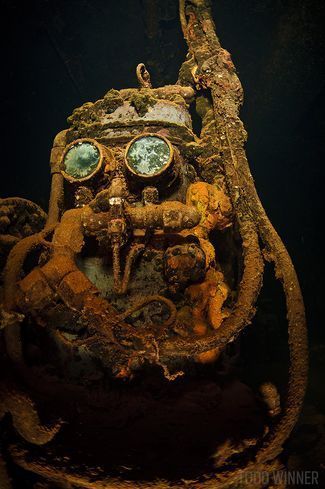 Fujikawa Maru mask underwater in Truk Lagoon, Chuuk Scuba Diving Bucket List, Underwater Shipwreck, Titanic Underwater, شرم الشيخ, Scuba Diving Equipment, Scuba Diving Gear, Abandoned Ships, Underwater Camera, Diving Equipment