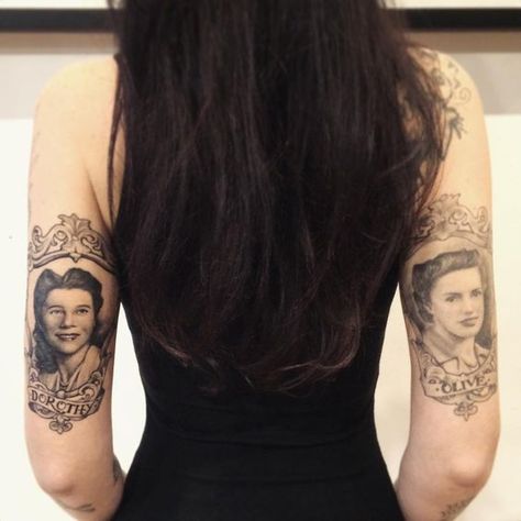 "It's been an honor to have had my friend @thekatvond tattoo my beautiful grandmothers portraits on me. My Grandma Dorothy (fresh tattoo!) on papa's side…" Grandmother Portrait, Portrait Tattoo Sleeve, Thigh Tattoo Men, Grandma Tattoos, Fresh Tattoo, Mom Tattoos, Tattoo Sleeve Men, First Tattoo, Piercing Tattoo