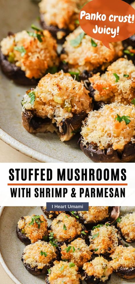 Shrimp Stuffed Mushrooms with tender shrimp stuffing, gluten-free panko, and parmesan topping are juicy, flavorful, and easy to make! #shrimpstuffedmushrooms #stuffedmushrooms #bakedmushrooms Shrimp Stuffing, Umami Recipes, Mushroom Appetizer Recipes, Shrimp Stuffed Mushrooms, Mushroom Side Dishes, Gf Meals, Shrimp Stuffed, Shrimp Parmesan, Pescatarian Diet