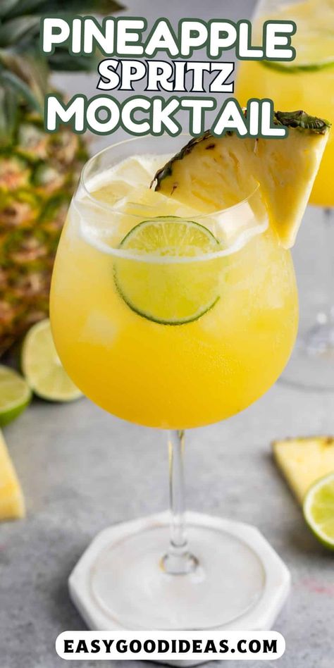 A non-alcoholic Pineapple Spritz is the perfect easy mocktail drink recipe with pineapple juice, lime, and soda! So refreshing! Pineapple Drinks Nonalcoholic, Melon Mocktail, Recipe With Pineapple Juice, Pineapple Mocktails, Spritz Mocktail, Recipe With Pineapple, Mocktail Drink, Drinks With Pineapple Juice, Coconut Milk Drink