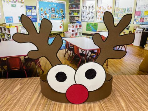 Reindeer Hat Free Printable - Simply Kinder Reindeer Hats For Preschool, Raindeer Crafts Hats, Rudolph Headband Craft, Reindeer Hat Template Free Printable, Christmas Headband Craft For Kids, Christmas Hat Template Printable, Christmas Hat Craft Preschool, Card Stock Christmas Crafts, Reindeer Headband Template