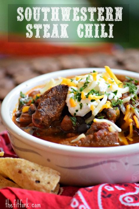 This Southwestern Steak Chile will have your herd stampeding to the dinner table! Make this easy recipe with stew meat from the butcher or sirloin or or round cubes. - TheFitFork.com Recipe With Stew Meat, Steak Chili Recipe, Steak Chili, Chili Dinner, Beef Chili Recipe, Stew Meat Recipes, The Butcher, Beef Chili, Stew Meat