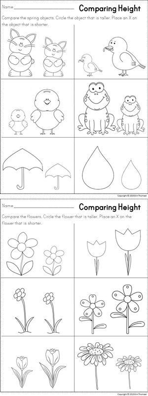 Comparing Height - Spring Themed Literacy and Math Printables Comparing Sizes Preschool, Comparing Groups Of Objects Kindergarten, Comparing Length Kindergarten, Kindergarten Compare And Contrast, Comparing Numbers 0-10 Kindergarten, Teaching Literary Elements, Math Tubs, Easter Worksheets, 1st Grade Activities