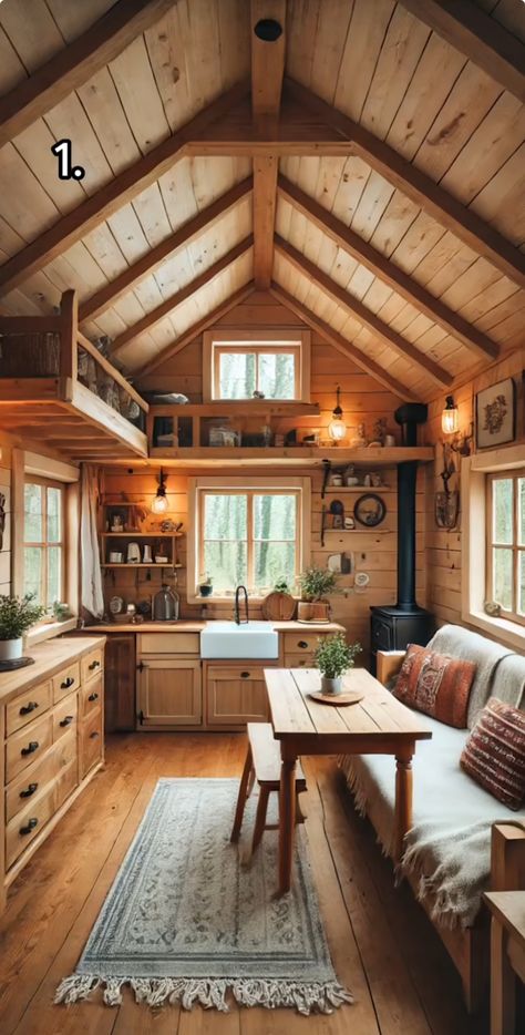 Small Shack House, Tiny Log Cabin Interior, Pine Cabin Interior Wood Walls, Log Cabin Garden Room Interior, Tiny House Log Cabin, Small Cabin In Woods, Small Mountain House Interior, Dry Cabin Ideas, Wooden Cottage Design