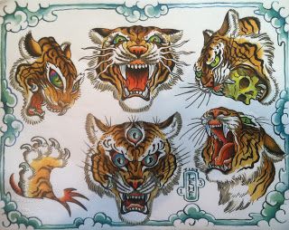 Biker Tattoo Flash, Tim Lehi, Traditional Tiger Tattoo, Vintage Tattoo Flash, Biker Tattoo, Line Drawing Tattoos, Tiger Tattoos, Vintage Tattoo Design, Biker Tattoos