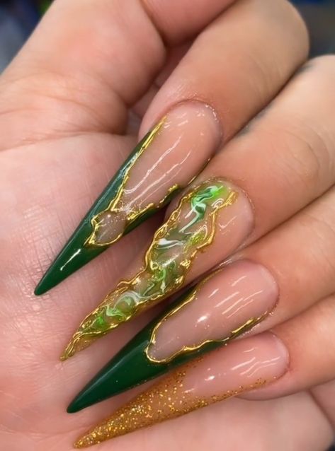 Jade Green And Gold Nails, Green And Copper Nails, Green Stiletto Nails Designs, Money Green Nails, Dark Green Stiletto Nails, Gold And Emerald Nails, Green Nails Stiletto, Green Jade Nails, Green Stilleto Nails