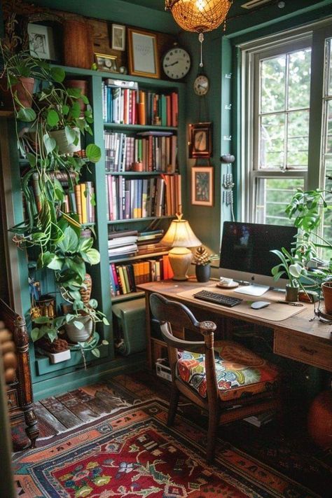 Library Rooms, Lots Of Plants, Library Study, Cozy Home Office, Home Library Design, Study Rooms, Gothic Home Decor, Home Office Space, Boho Living