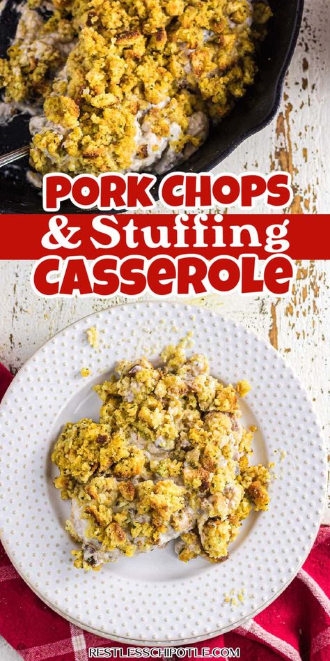 This Pork Chop and Stuffing Casserole is a deliciously hearty meal! Tender pork chops in a creamy sauce are baked with savory stuffing make dinner easy and flavorful. Follow for more great recipes! Pork Chops Stuffing Bake Casseroles, Stuffing And Pork Chops, Pork And Stuffing Casserole, Pork Chop Stuffing Bake, Pork Chops With Stuffing In Oven, Pork Chop And Stuffing Recipes, Pork Chops And Stuffing In The Oven, Pork Chops And Dressing, Pork Chop And Stuffing Casserole