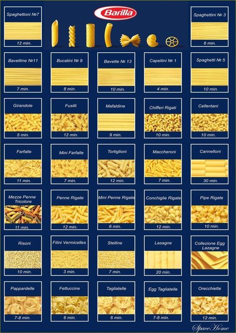 Pasta Noodle Types, Types Of Pasta Noodles, Pasta Barilla, Culinary Basics, Pasta Poster, Type Of Pasta, Bento Box Lunch For Kids, Food Calorie Chart, Types Of Pasta