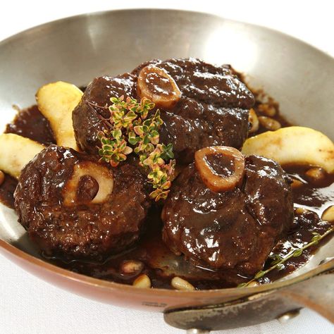 Venison shanks are substituted for the traditional veal shanks in this classic Italian dish. They give a fuller, more robust flavor to the braise. Venison Shank Recipe, Venison Shank, Braised Venison, Pork Potatoes, Osso Buco Recipe, Desserts Cheesecake, Food Flavors, Deer Meat Recipes, Game Meat