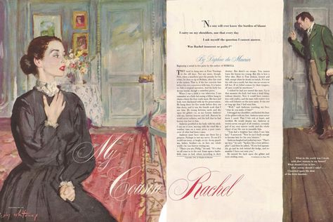 Coby Whitmore illustration for "My Cousin Rachel" by Daphne du Maurier from Ladies Home Journal, November 1951 My Cousin Rachel Book, Coby Whitmore, My Cousin Rachel, Journal November, Garden Library, Daphne Du Maurier, Ladies Home Journal, Home Journal, My Cousin