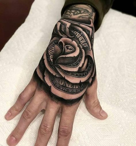 Money Rose Tattoo, Dollar Tattoo, Rose Hand Tattoo, Money Rose, Money Tattoo, Hand Tattoos For Women, Hand Tattoos For Guys, Badass Tattoos, Tattoo Life