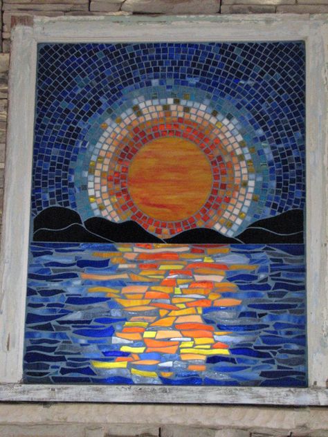 Mosaic Sunset Ideas, Abstract Mosaic Art Pattern, Mosaic Art Easy, Simple Mosaic Art, Mosaic Sunset, Mountain Mosaic, Mosaic Drawing, Mosaic Landscape, Mosaic Windows