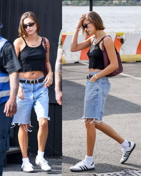 hailey bieber nike samba Summer Outfits Hailey Bieber, Hailey Bieber Handbags, Hailey Bieber Shorts Outfit, Hailey Beiber Summer Outfits, Hailey Baldwin Style Summer, Hailey Bieber Summer Outfits, Summer Model Off Duty, Nike Samba, Long Denim Shorts Outfit