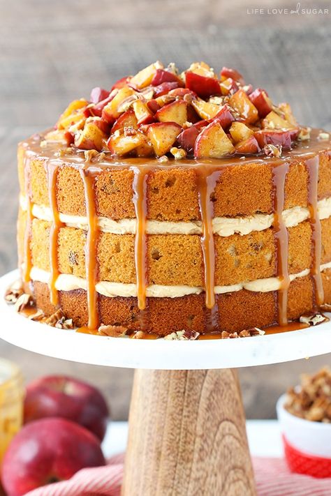 Caramel Apple Pecan Layer Cake has layers of moist apple spice cake sprinkled with pecans, caramel frosting, cinnamon apples & more caramel drizzled on top! #caramel #apples #fallbaking #appledessert Pecan Layer Cake, Apple Layer Cake, Caramel Cake Recipe, Apple Spice Cake, Thanksgiving Cakes, Caramel Frosting, Pecan Cake, Fall Cakes, Apple Cake Recipes