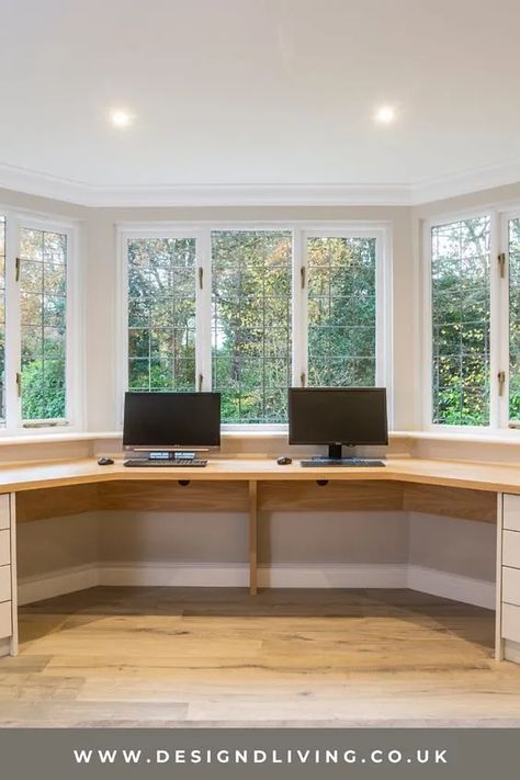 Bay Window Decor Ideas, Bay Window Office, Bay Window Desk, Wall Desks, Bay Window Decor, Bay Window Design, Window Bay, Luxury Places, Sunroom Office