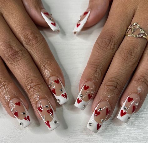 Clean Girl Nail Aesthetic, Nails Gems Rhinestones, Classy Valentines Nails, Yellow Cartoon Characters, Nail Suggestions, Red And White Nails, Red Gel Nails, Yellow Cartoon, Valentines Day Nails