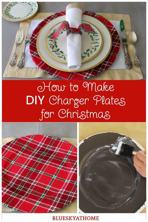 How to Make DIY Charger Plates for Christmas. Learn how to use Dollar Tree chargers to create plaid chargers for your Christmas tablescape. Mod Podge Charger Plates, Charger Plate Setting, Decoupage Christmas Plates, Diy Chargers Plates Ideas Christmas, Upcycle Charger Plates, Christmas Charger Plates Diy, Crafts Using Charger Plates, Diy Plate Chargers Ideas, Charger Plates Decor Ideas