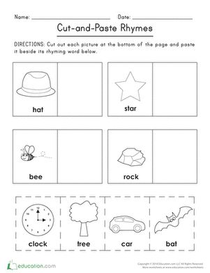 It's rhyme time with this quick cut-and-paste activity! Cut out each picture at the bottom of the page and paste it beside its rhyming word. #educationdotcom Kindergarten Rhyming Worksheets Free, Rhyming Words With Pictures, Rhyming Words Worksheets Preschool, Free Rhyming Worksheets For Kindergarten, Rhyming Worksheets Kindergarten Free, Rhyming Worksheets Preschool, Rhyming Words Worksheets Kindergarten, Literacy Worksheets Preschool, Words Kindergarten