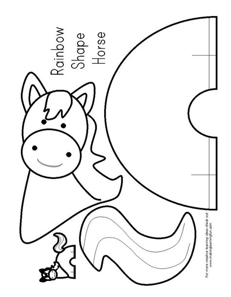 Rainbow Shape horse cut and paste from Making Learning Fun. Build A Horse Printable, Horse Craft Preschool, Horse Art For Kids, Horse Crafts For Kids, Horse Activities For Kids, Shape Animals, Horse Template, Farm Animal Crafts, Animal Templates