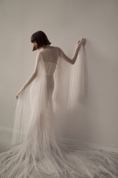 Raindrop Wedding Dress, Tulle Dress Photoshoot, Bodysuit With Gloves, Chana Marelus, Turtle Neck Bodysuit, Tulle Gloves, Ethereal Dress, Bridal Robe, New 2023