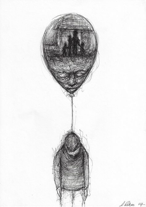 a ballpoint pen drawing of a boy with his head facing down while a balloon is floating from him with an image of his face and a memory on the balloon Campfire Stories, Conceptual Drawing, Arte Indie, Creepy Drawings, Pen On Paper, رعب نفسي, Meaningful Drawings, Deep Art, Wallpaper Bts